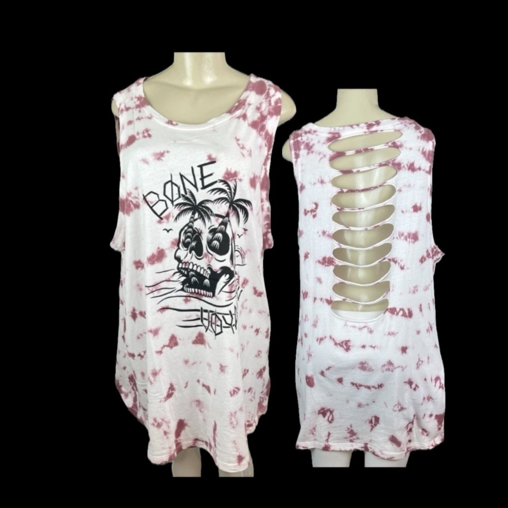 Lovesick 4X Rose Pink Tie Dye Skull Bone Voyage Graphic Cut-Out Back Tank Top